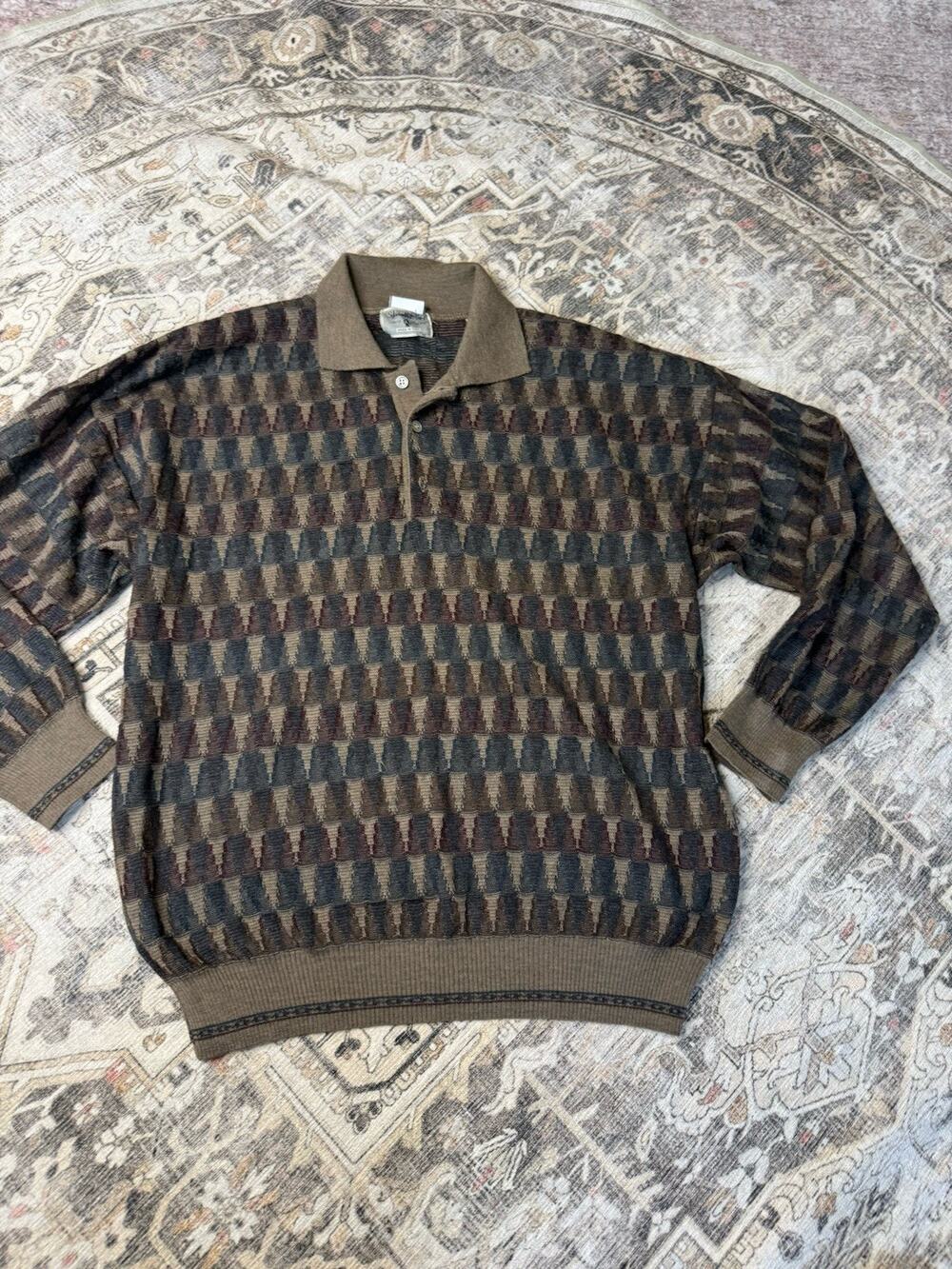VTG 90’s Segreto Italy Merino Wool 3D Knit Coogi Style Geometric Sweater Grandpa